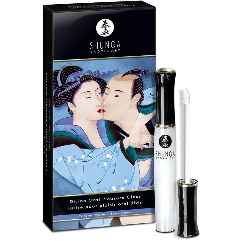 Boîte noire Shunga avec illustration de deux figures au style asiatique, accompagnée d'un flacon de brillant lèvres transparent à bouchon noir et d'une teinte nude-rose