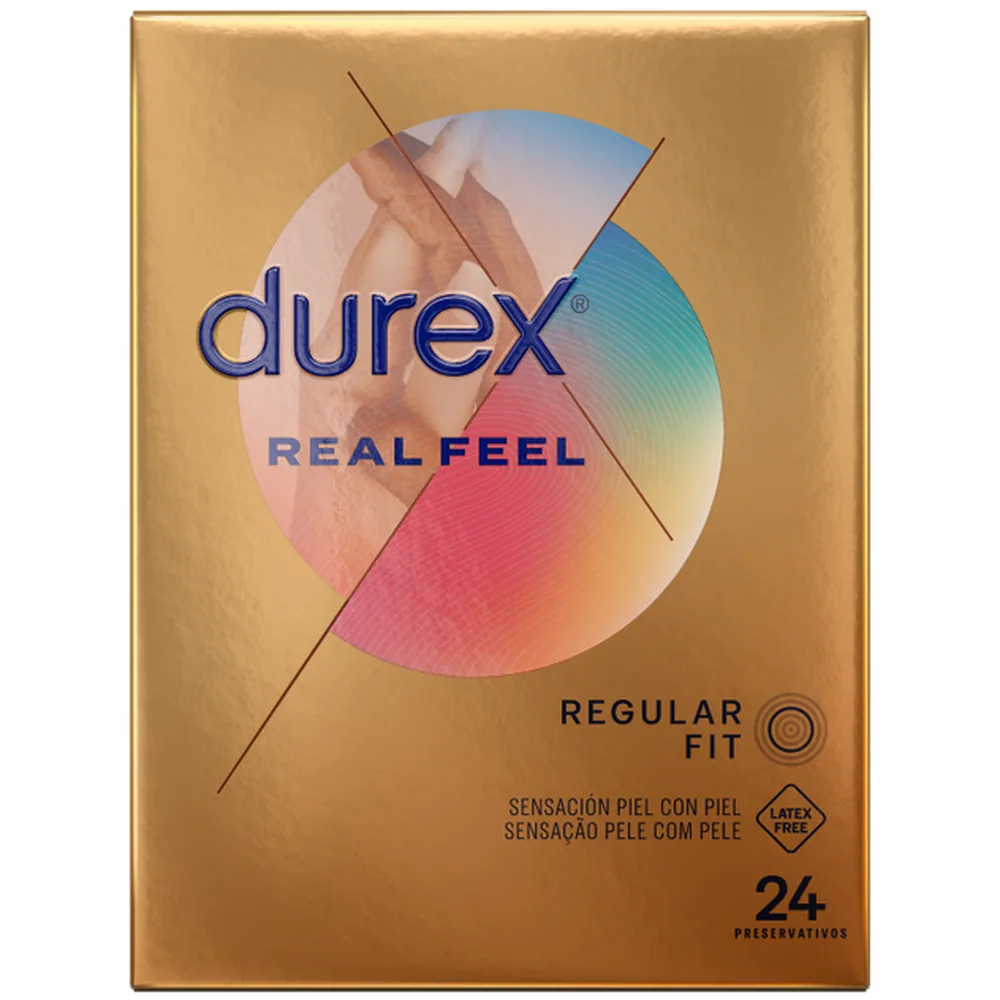 Boîte de préservatifs Durex Real Feel Regular Fit dorée, avec logo bleu et cercle coloré, mentions 24 préservatifs et latex free