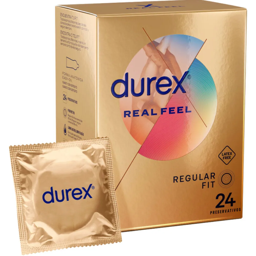 Boîte de préservatifs Durex Real Feel Regular Fit dorée, avec logo bleu et cercle coloré, mentions 24 préservatifs et latex free