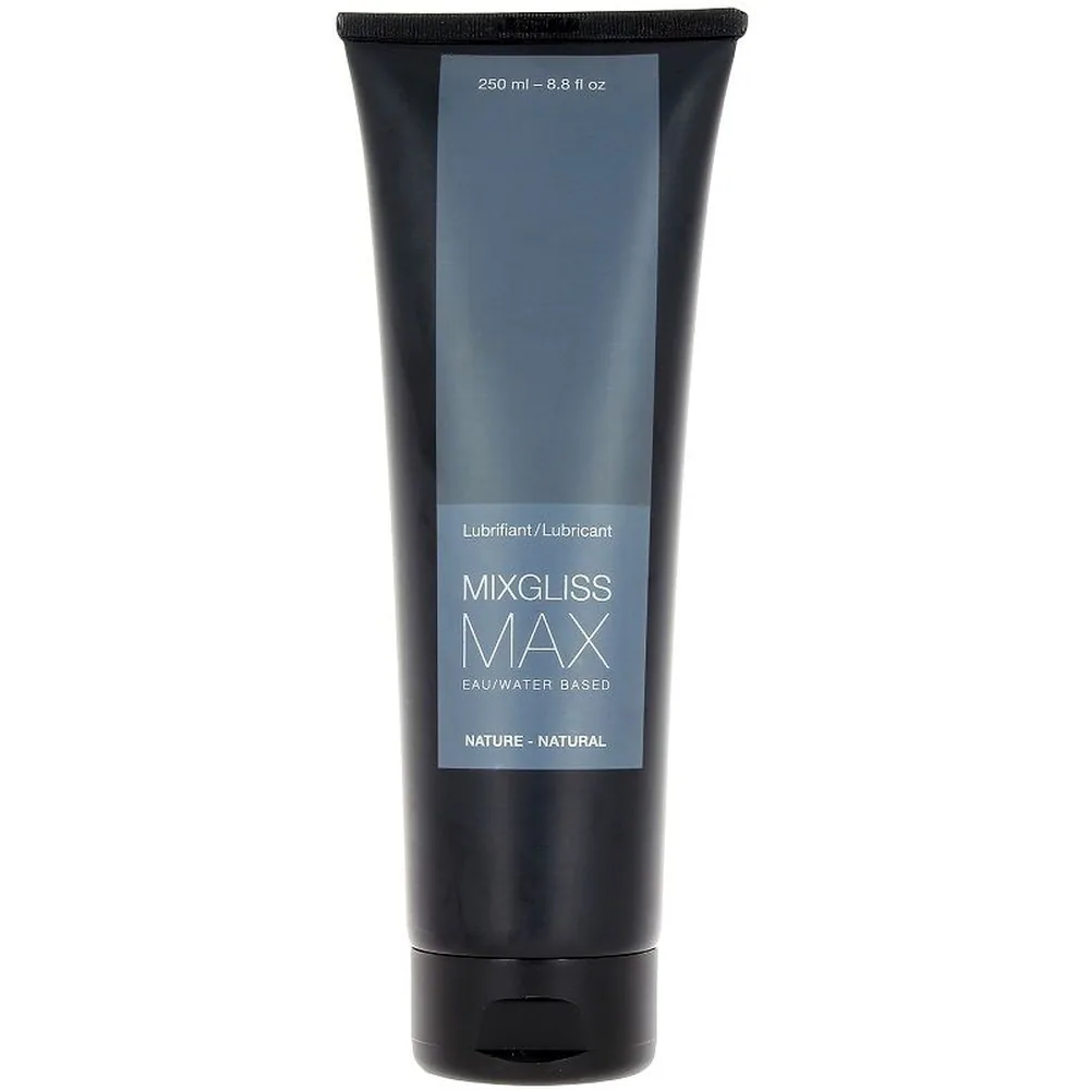 Tube noir de lubrifiant Mixgliss Max 250 ml avec étiquette grise indiquant « Lubrifiant/Lubricant », « eau/water based » et « nature-natural »