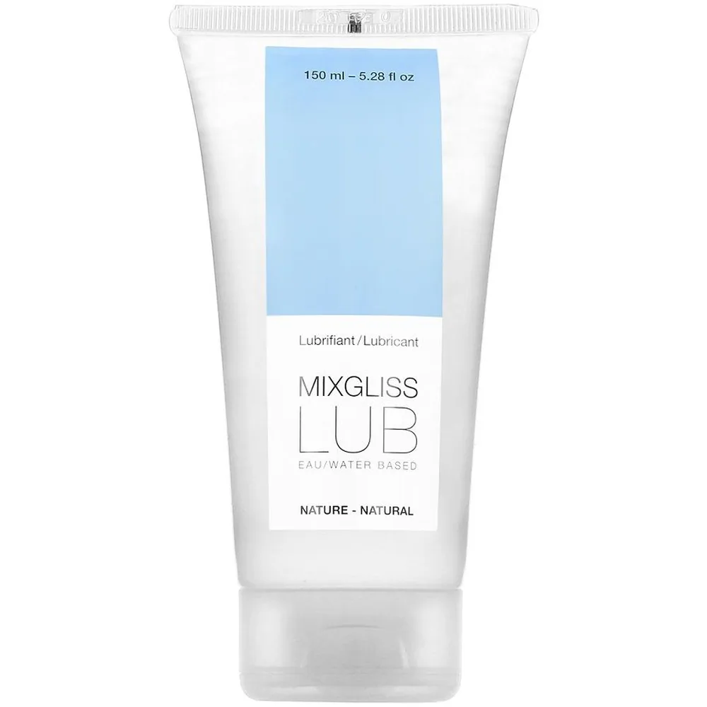 Tube blanc de lubrifiant Mixgliss Lub 150 ml à base d'eau, étiquette blanche avec bandeau bleu ciel, mention Nature Natural