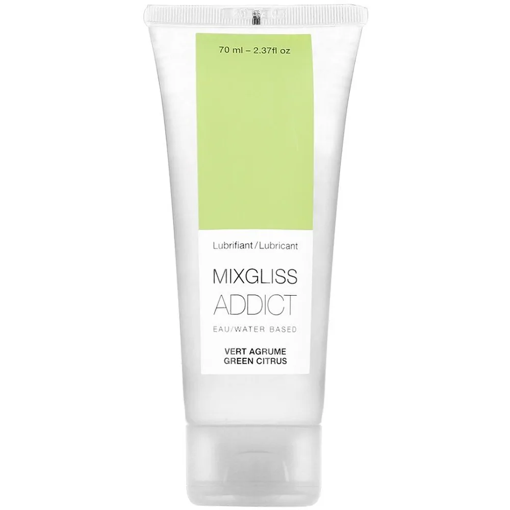 Tube blanc de lubrifiant à base d'eau 70 ml, étiquette blanche avec bandeau vert citron, inscriptions MIXGLISS ADDICT et mention saveur agrumes verts
