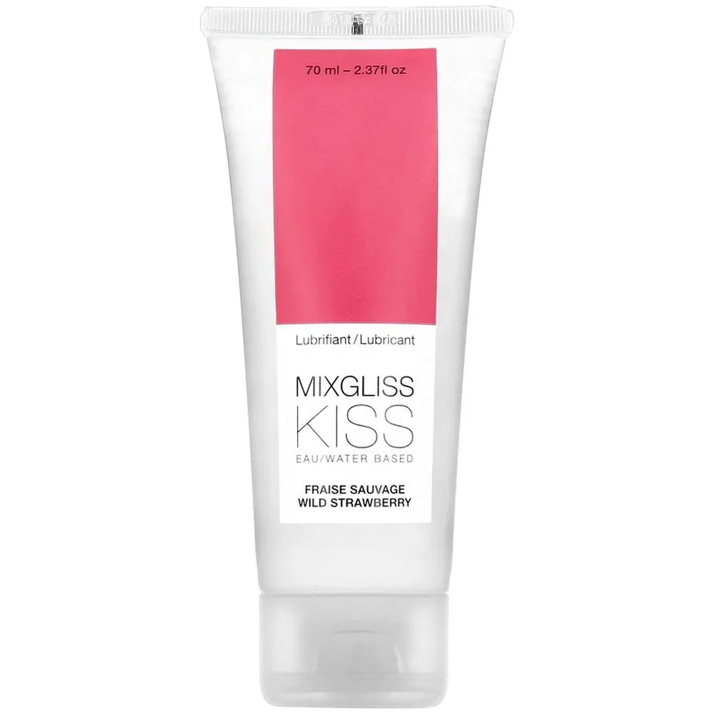Tube blanc de lubrifiant à base d'eau Mixgliss Kiss de 70 ml avec étiquette rose, saveur fraise sauvage, sur fond blanc