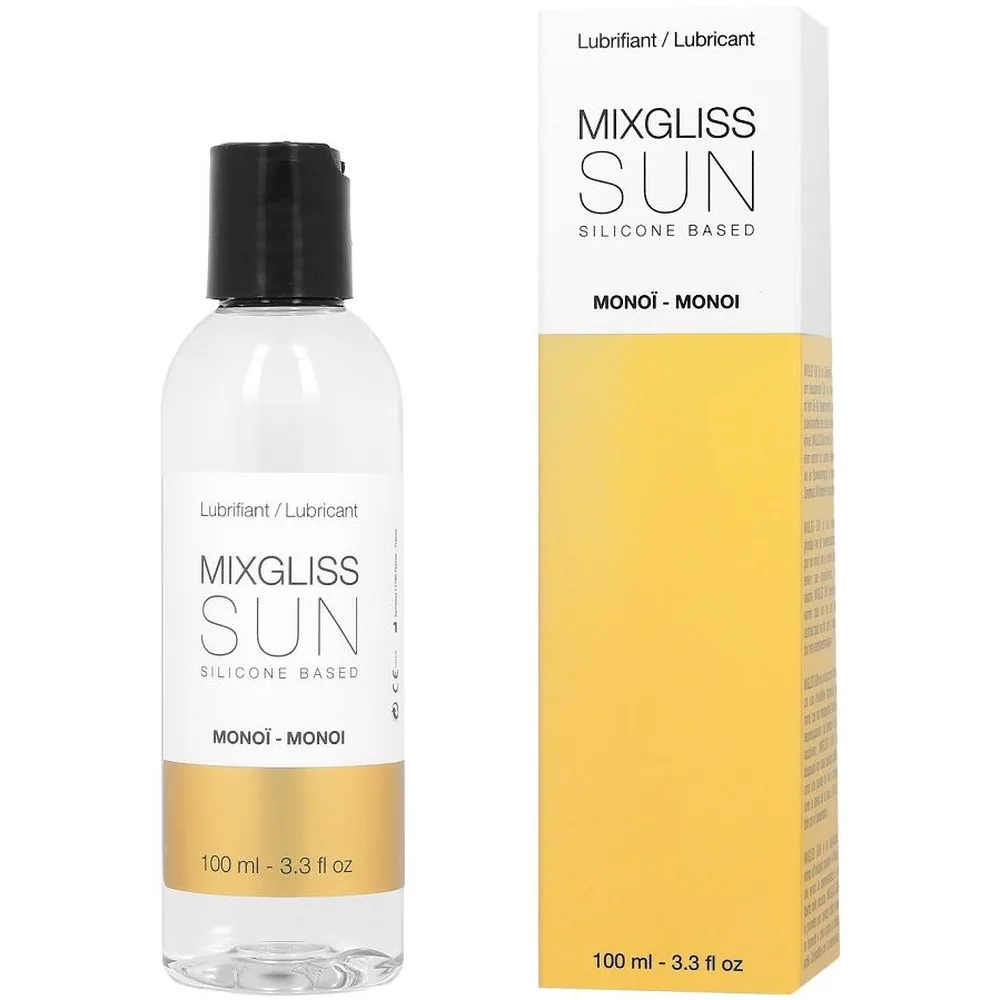 Flacon transparent de 100 ml de lubrifiant à base de silicone Mixgliss Sun avec bouchon noir, accompagné de son emballage jaune indiquant « Monoï »