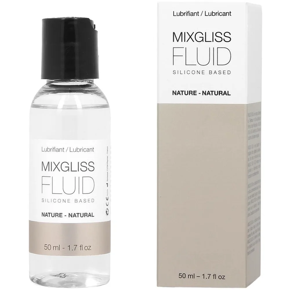 Flacon transparent de 50 ml de lubrifiant Mixgliss Fluid à base silicone, bouchon noir, à côté de son emballage blanc et beige indiquant Nature-Natural