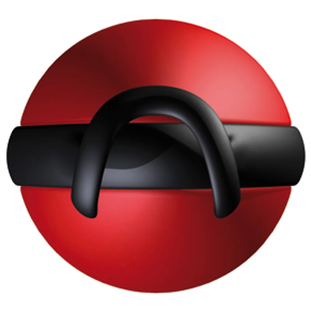 Boule de geisha en silicone rouge avec bande noire transversale, boucle d'extraction noire intégrée, sur fond blanc