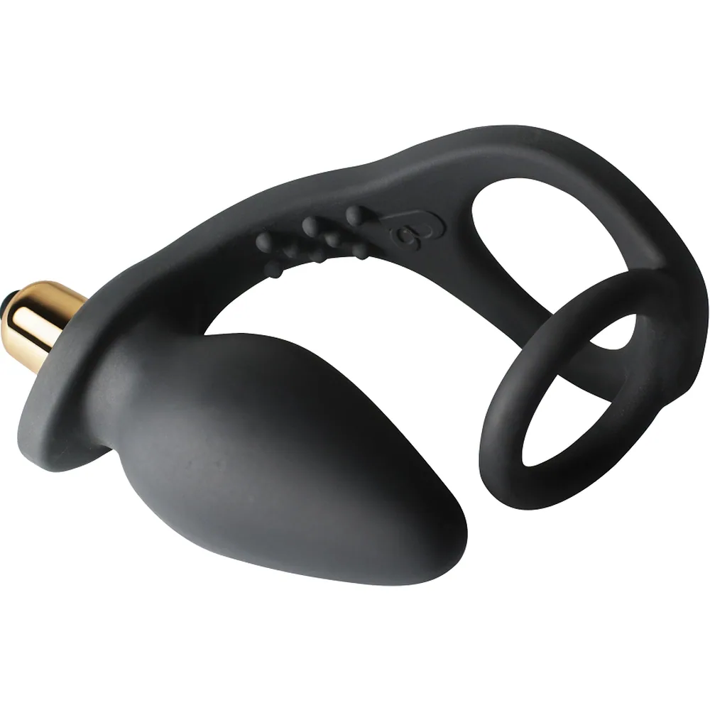 Stimulateur de prostate noir en silicone avec plug bulbeux, deux anneaux de retenue et balle vibrante amovible, embout doré, sur fond blanc