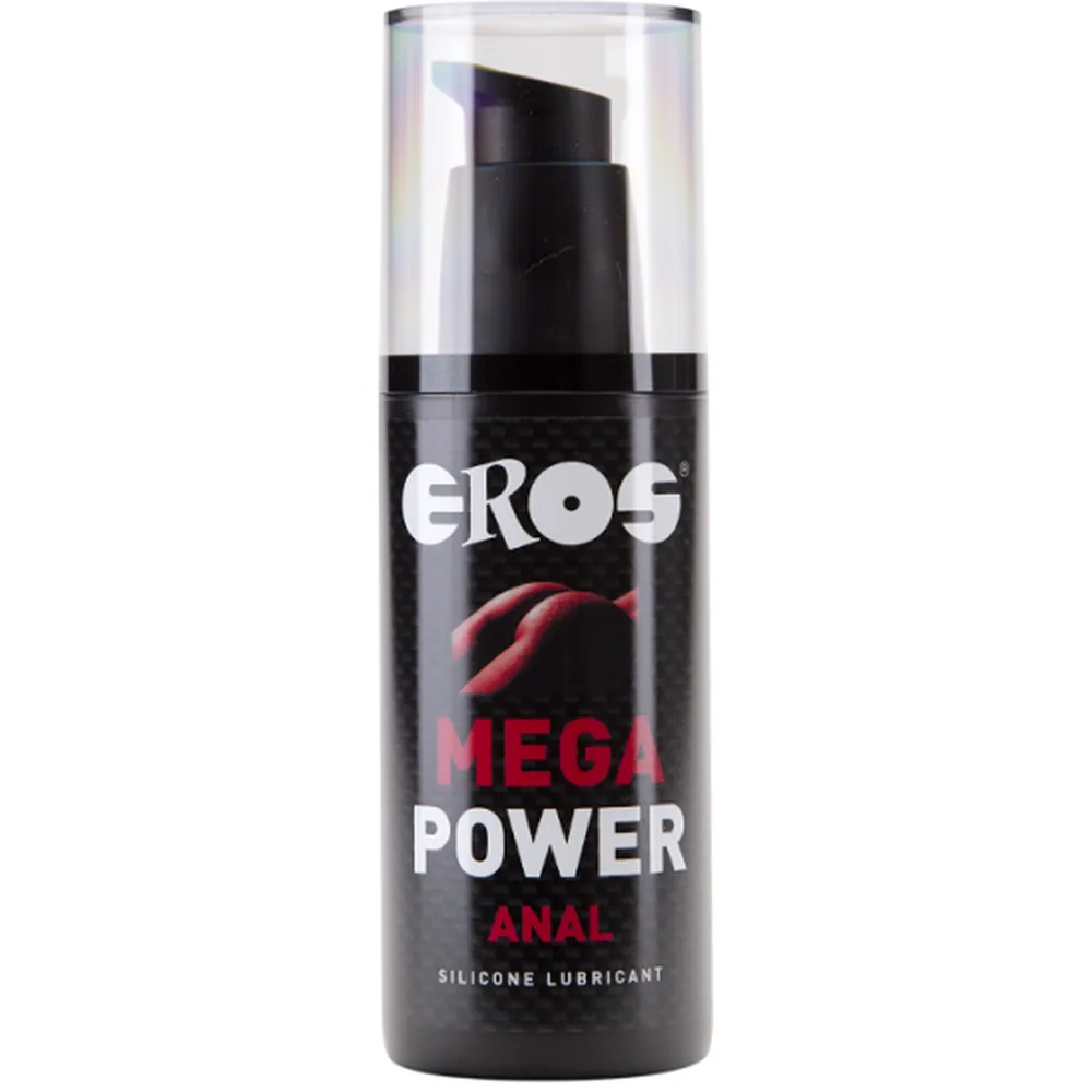 Flacon pompe noir de lubrifiant anal Eros Mega Power en silicone, 125 ml, avec étiquette blanche et rouge et pompe noire sous emballage transparent