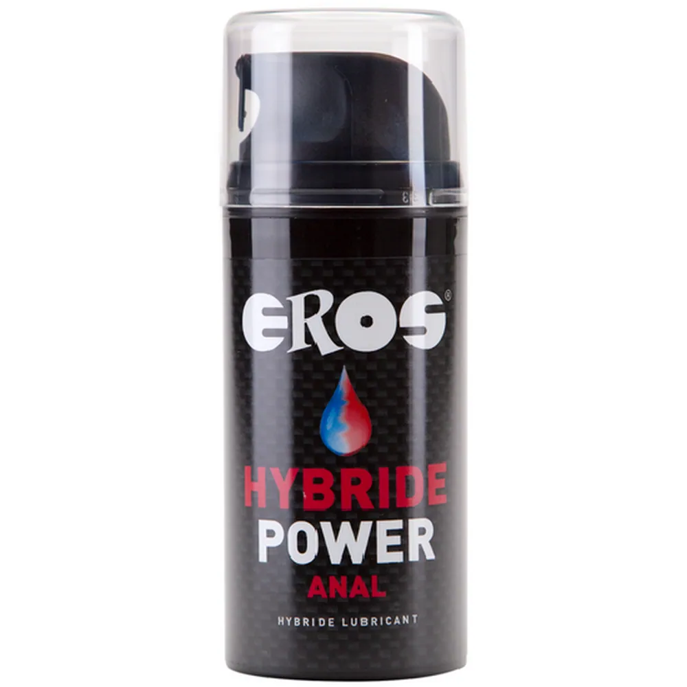 Flacon noir de lubrifiant anal Eros Hybride Power 100 ml avec pompe doseuse transparente et étiquette blanche et rouge