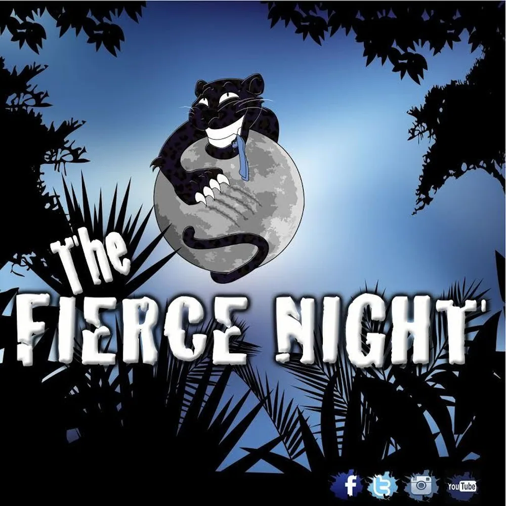 Boîte de jeu de société "Fierce Night" avec plateau bleu nuit semé de paires de pattes colorées, pions en forme de fleurs, dés et cartes de jeu