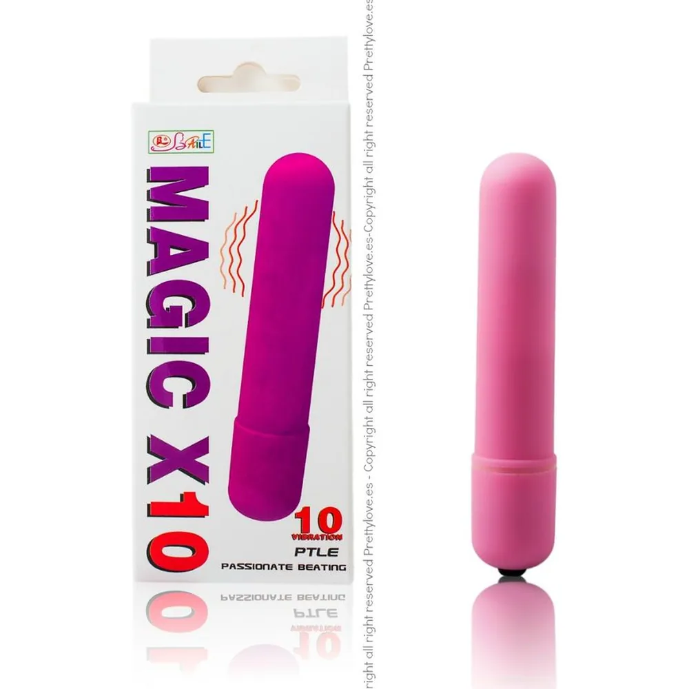 Vibromasseur Magic de forme cylindrique en silicone rose avec embout noir, posé sur fond blanc