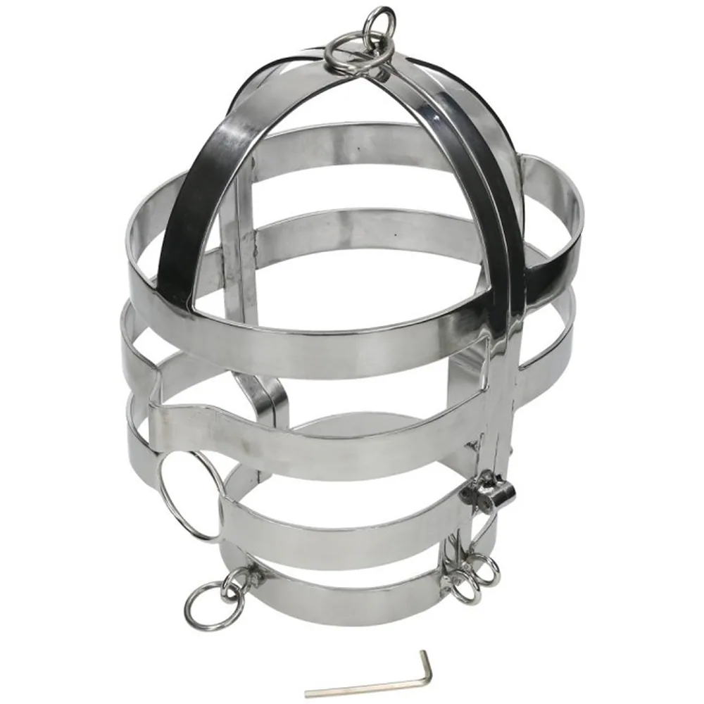 Masque cage en acier inoxydable avec collier intégré, composé de bandes métalliques horizontales et de sangles noires, fermé par boulons, sur fond blanc