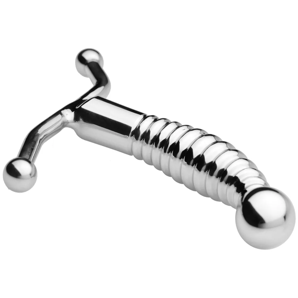 Masseur prostatique en acier inoxydable poli avec bras arqué, terminaisons sphériques et grip tressé central, sur fond blanc