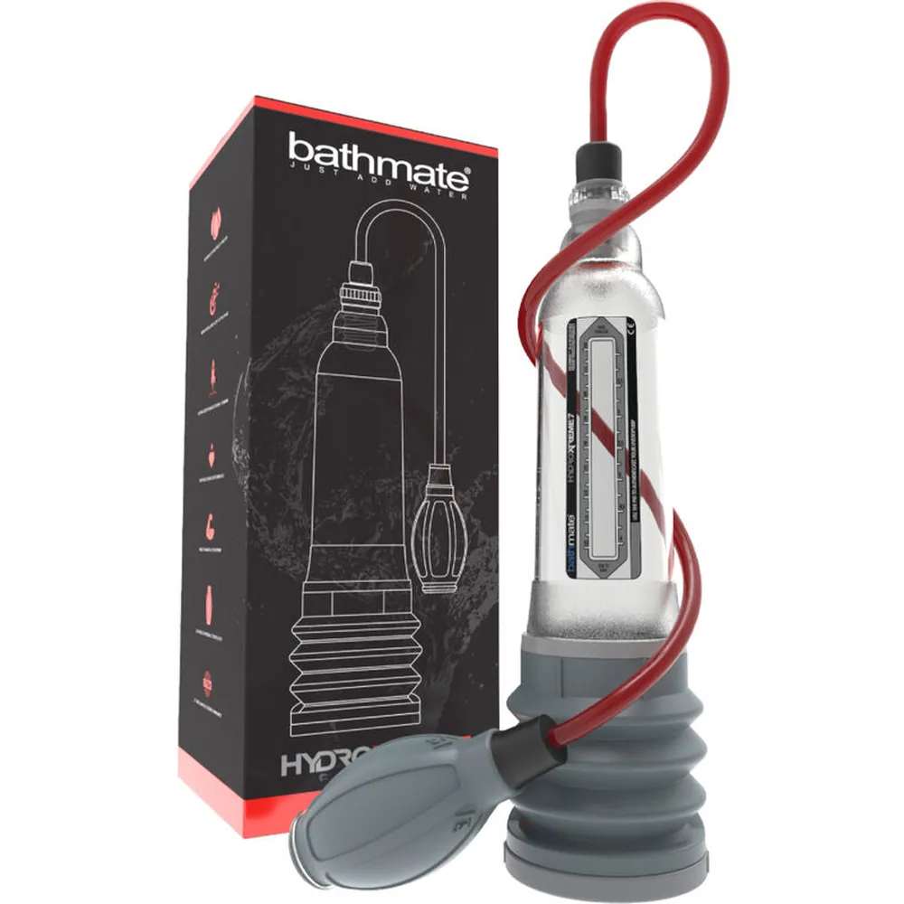 Coffret complet HydroXtreme avec pompe à pénis transparente à poignée rouge, étui de rangement noir, embouts de différentes tailles, lanière de transport, accessoires de nettoyage et boîte d'emballage