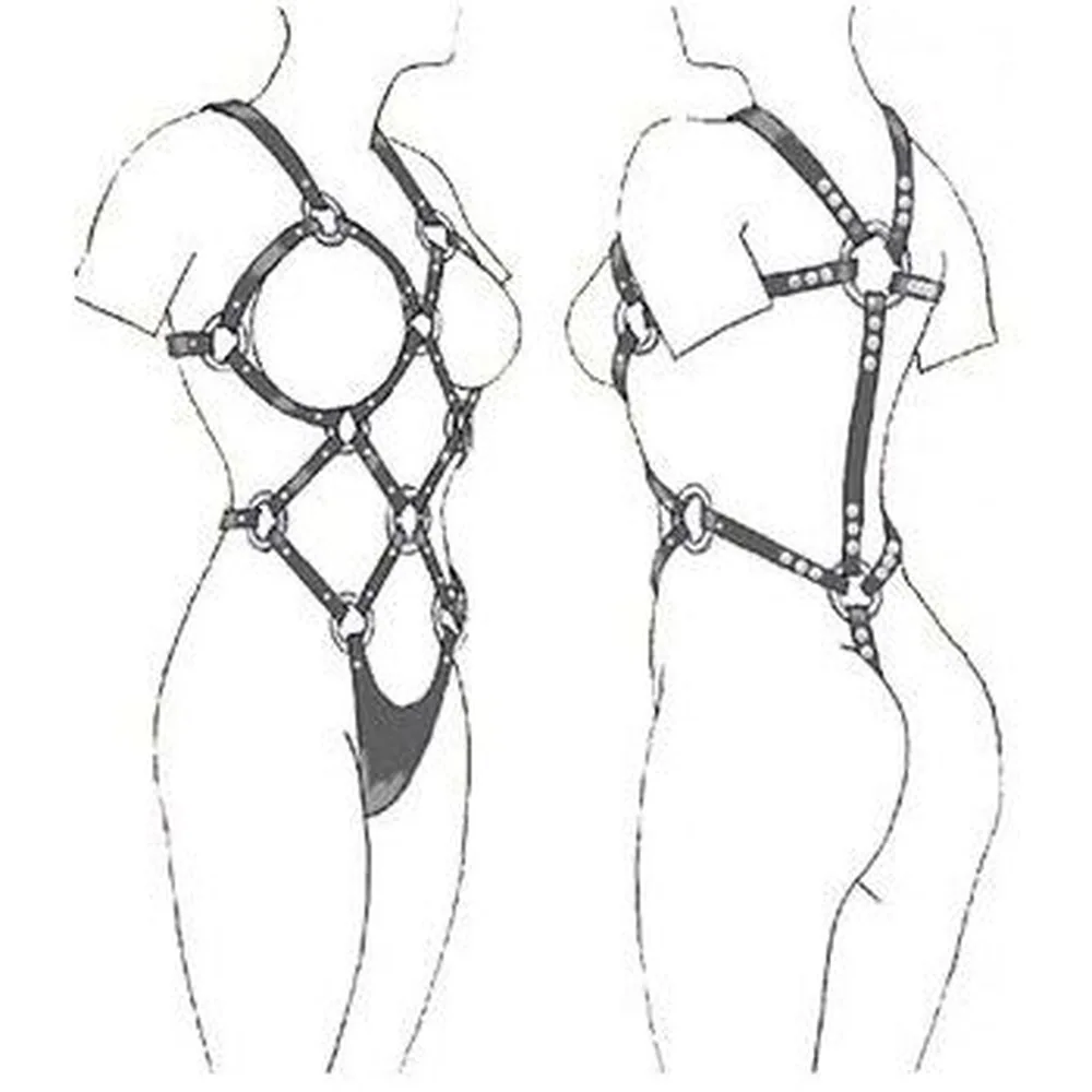 Schéma technique d'un body harnais en cuir noir avec anneaux métalliques, vues de face et de dos montrant les sangles ajustables du buste aux hanches
