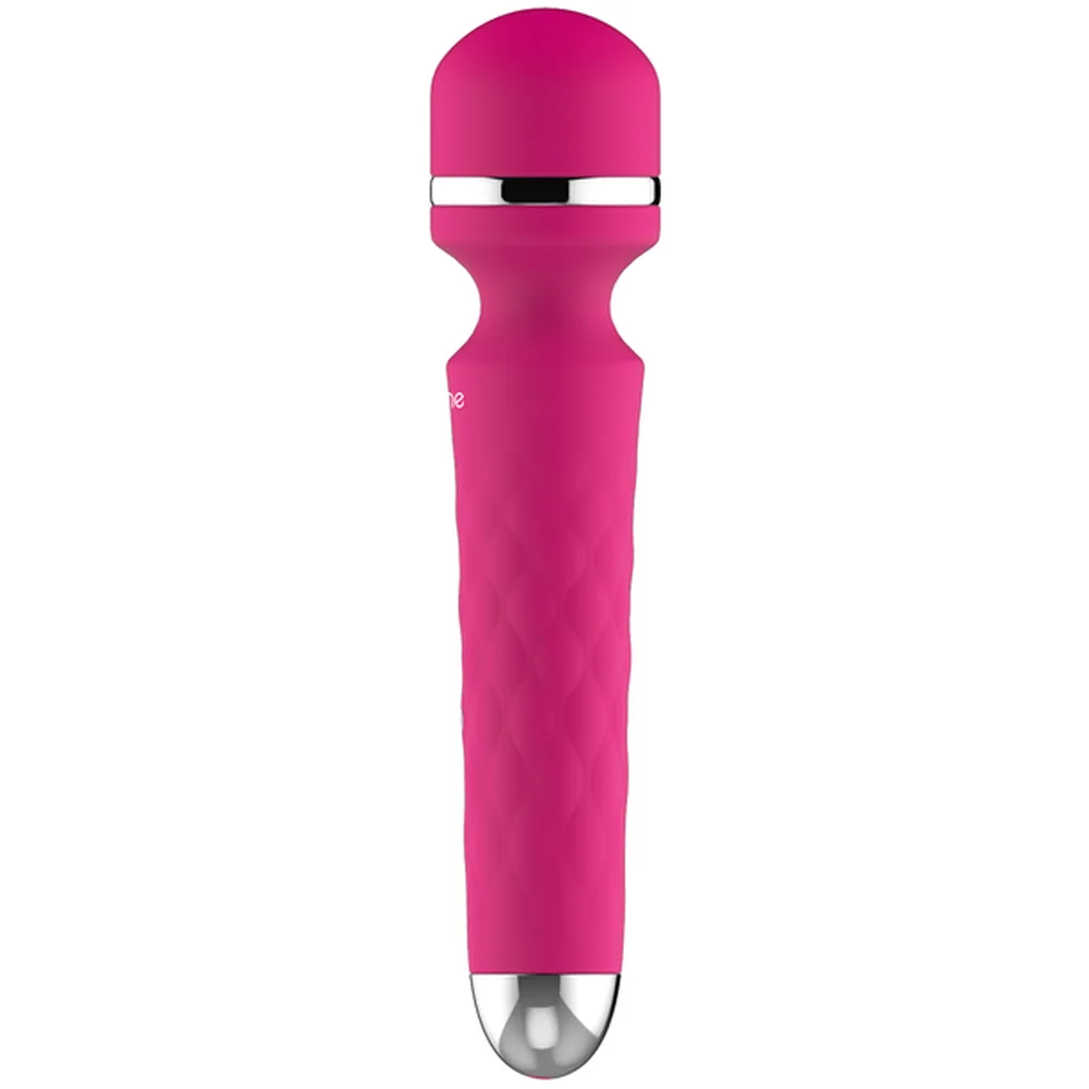Wand Rock rose fuchsia avec tête arrondie et bande chromée, corps ergonomique, embout métallique, sur fond blanc