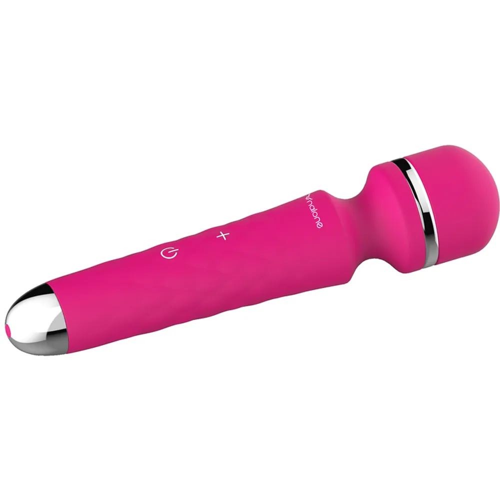 Wand Rock rose fuchsia avec tête arrondie et bande chromée, corps ergonomique, embout métallique, sur fond blanc