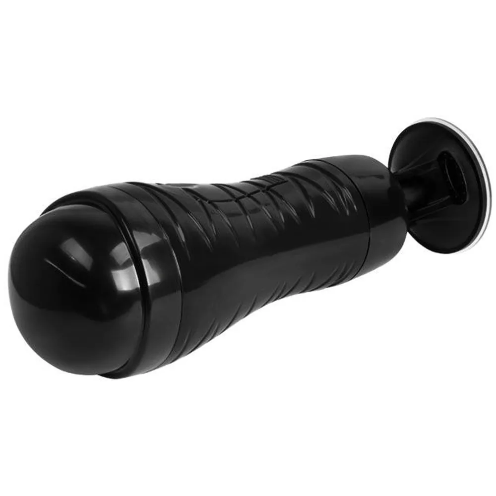 Masturbateur noir cylindrique avec dôme bombé, motifs de croisillons en relief sur le manchon souple, base ventouse noire mate, fond blanc