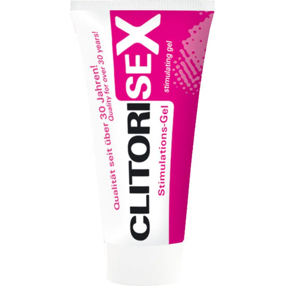 Tube blanc et rose fluo de crème stimulante Clitorisex avec emballage de 40 ml, étiquette rose affichant le nom de marque et les mentions de effet stimulant