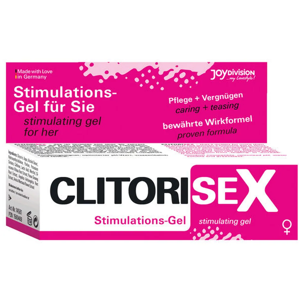 Tube blanc et rose fluo de crème stimulante Clitorisex avec emballage de 40 ml, étiquette rose affichant le nom de marque et les mentions de effet stimulant