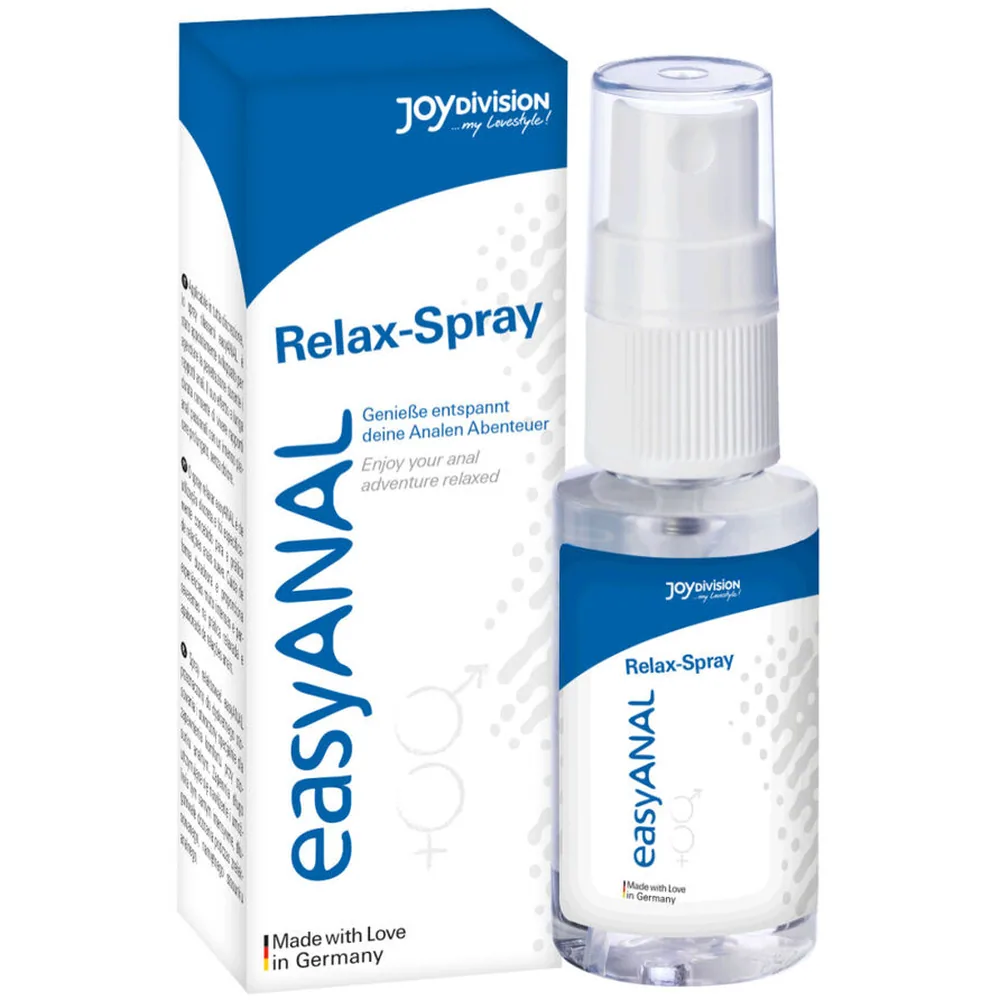Flacon spray transparent de lubrifiant anal EasyAnal Relax-Spray 30ml à côté de son emballage bleu et blanc, pompe vaporisateur intégrée