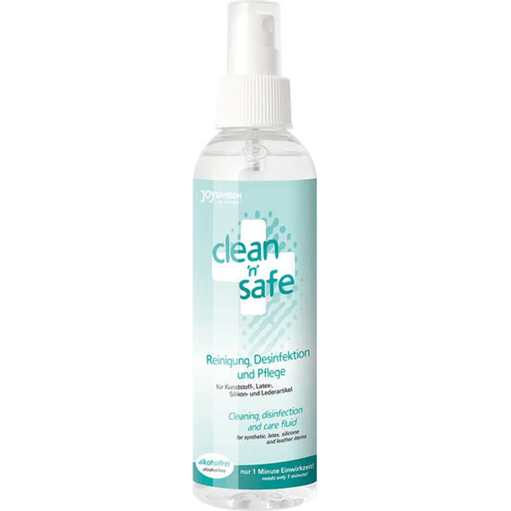 Flacon spray transparent de 200 ml de nettoyant Clean n Safe, étiquette turquoise et blanc, pulvérisateur blanc, fond blanc