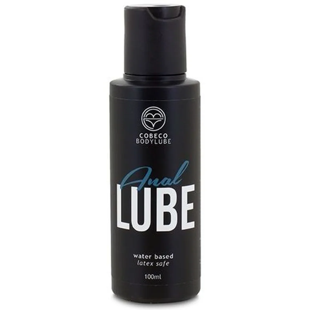 Flacon noir de 100 ml de lubrifiant anal à base d'eau, marque Cobeco Bodylube, bouchon noir, étiquette blanche et bleue