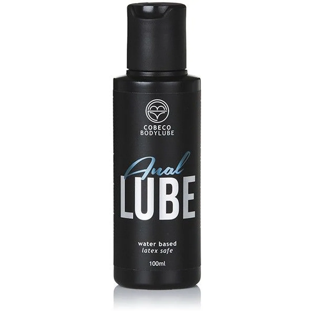 Flacon noir de 100 ml de lubrifiant anal à base d'eau, marque Cobeco Bodylube, bouchon noir, étiquette blanche et bleue