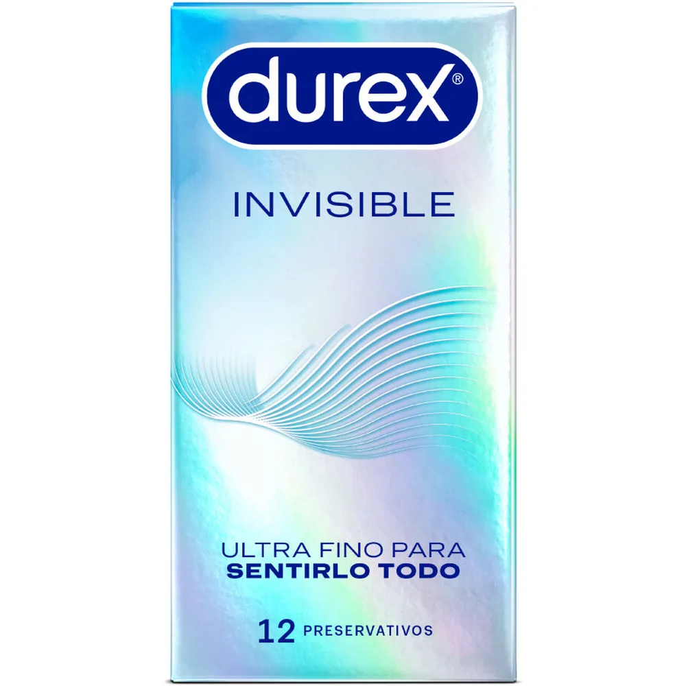 Boîte de préservatifs Durex Invisible, emballage bleu dégradé turquoise et blanc avec motifs ondulés, indiquant 12 préservatifs ultra-fins
