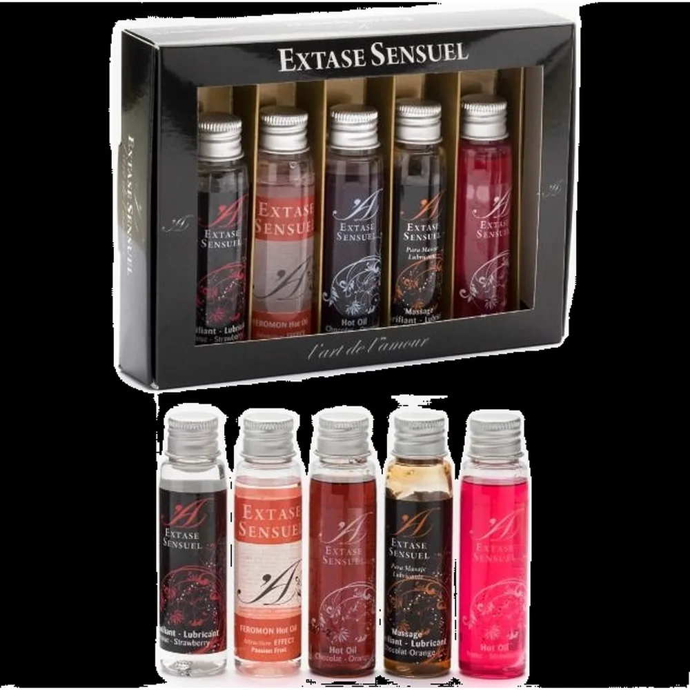 Coffret Extase Sensuel contenant cinq flacons de 30 ml de lubrifiant comestible parfumé aux teintes variées : transparent, rose pâle, rouge, brun et rose vif, avec bouchons vissés blancs, présenté en boîte noire et blanche