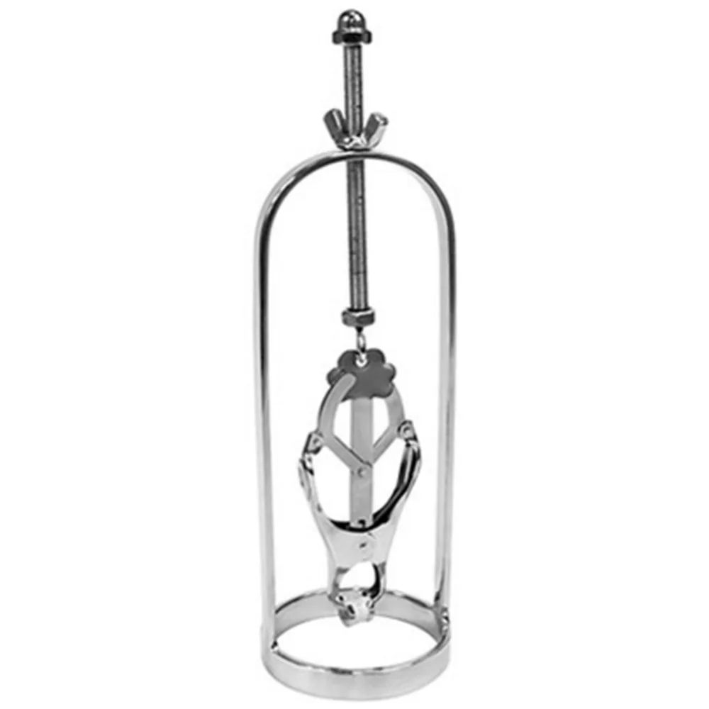 Pince à seins en acier inoxydable montée sur un arceau avec tige centrale et écrou à oreilles, système de serrage progressif, fond blanc