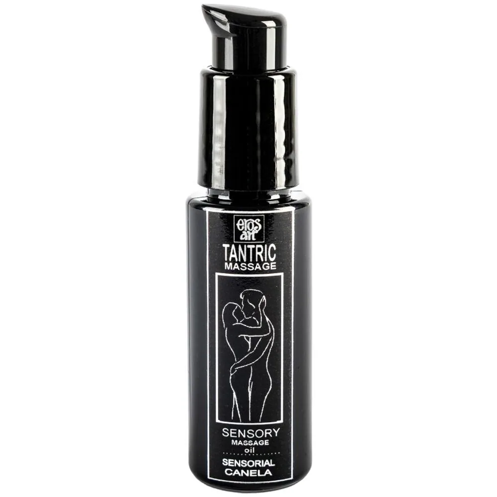 Flacon pompe noir de 30 ml d'huile de massage à la cannelle, étiquette blanche illustrée d'un couple enlacé, inscription Tantric Massage Sensory Oil
