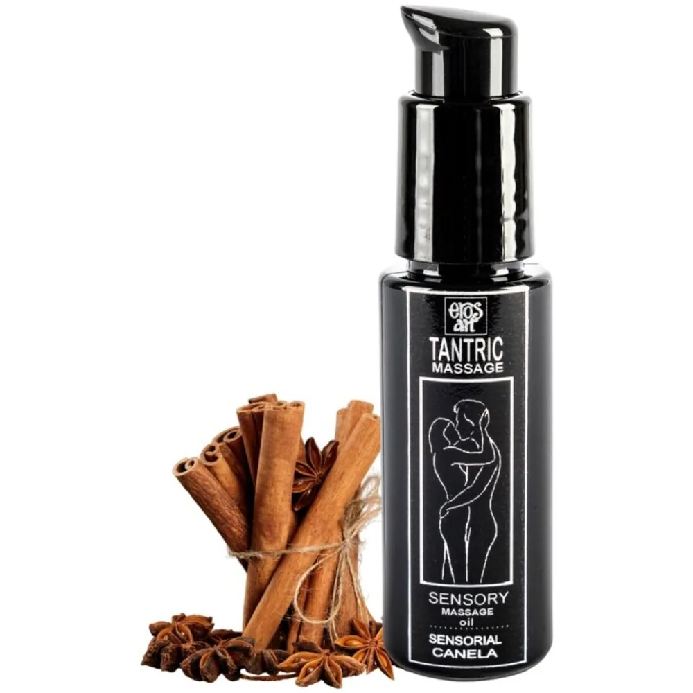 Flacon pompe noir de 30 ml d'huile de massage à la cannelle, étiquette blanche illustrée d'un couple enlacé, inscription Tantric Massage Sensory Oil