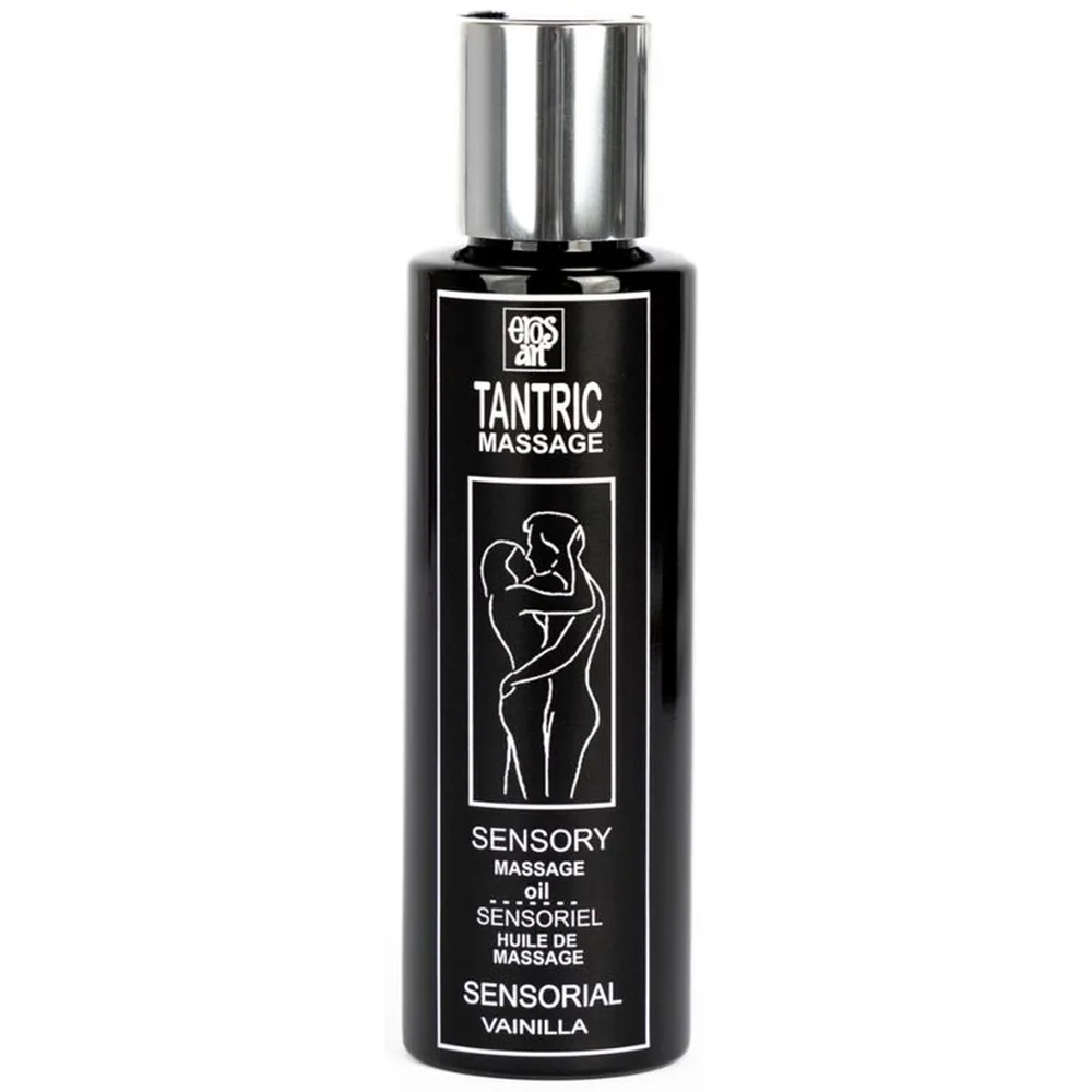 Flacon noir avec bouchon argenté d'huile de massage tantrique à la vanille, étiquette blanche avec illustration de deux corps enlacés