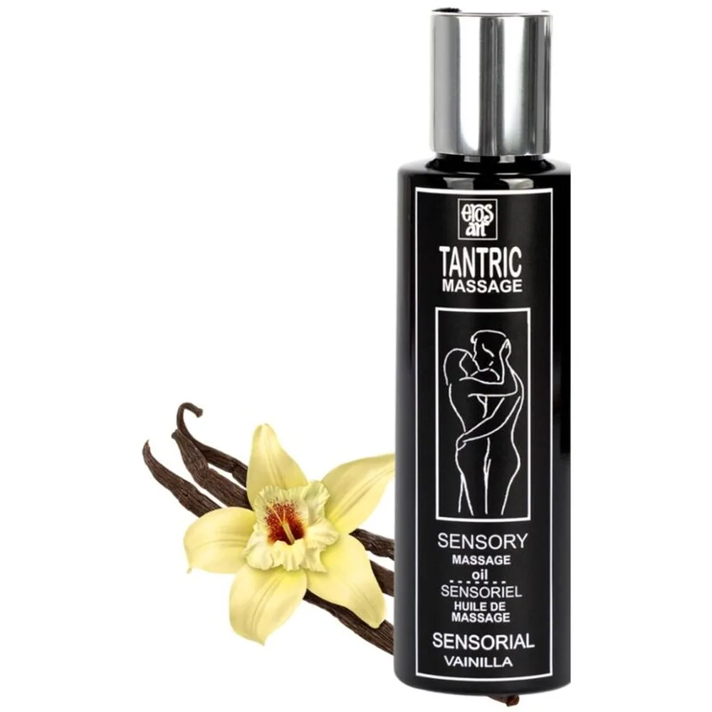 Flacon noir avec bouchon argenté d'huile de massage tantrique à la vanille, étiquette blanche avec illustration de deux corps enlacés
