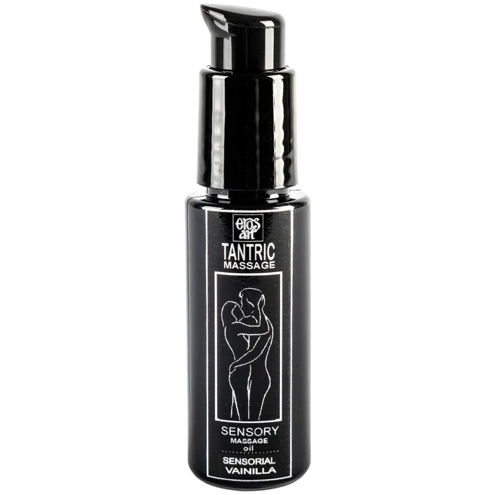 Flacon pompe noir de 30 ml d'huile de massage tantrique à la vanille, étiquette blanche avec illustration de deux silhouettes enlacées