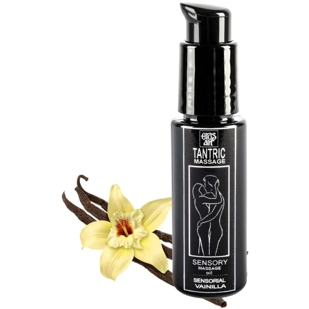 Flacon pompe noir de 30 ml d'huile de massage tantrique à la vanille, étiquette blanche avec illustration de deux silhouettes enlacées