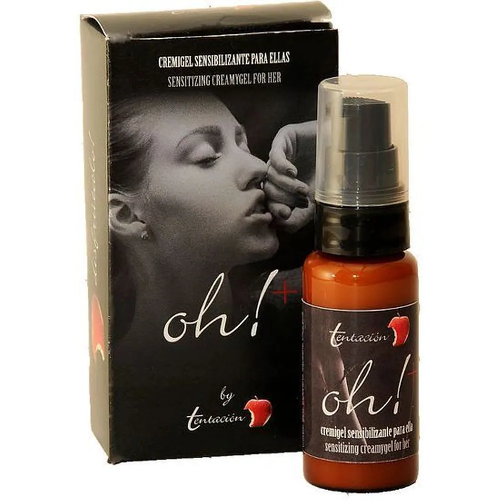 Boîte noire du Cremigel Sensibilisant pour femme oh+ by tentacion, avec photographie en noir et blanc d'un visage en gros plan et logo de la marque en bas