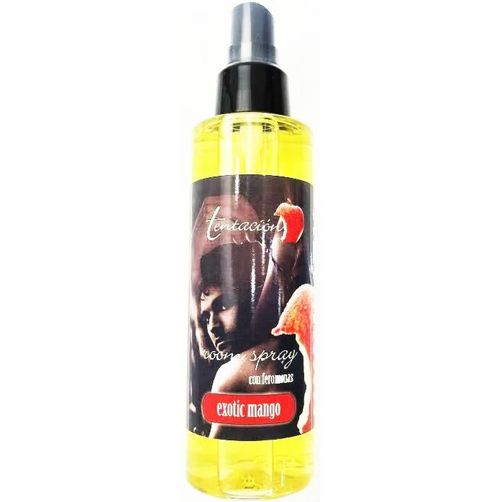 Spray d'ambiance jaune vif avec bombe noire et étiquette marron illustrée, parfum mangue exotique