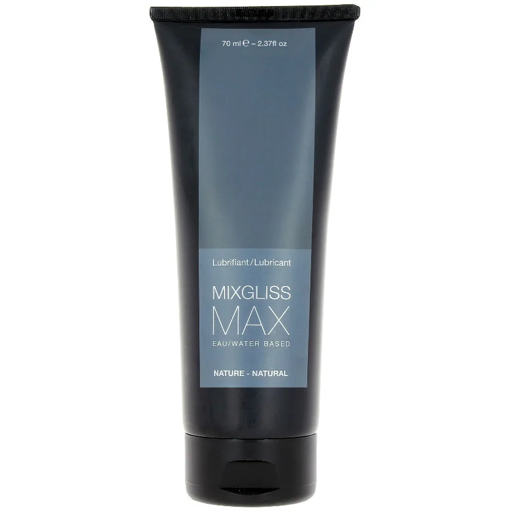 Tube noir de 70 ml de lubrifiant Mixgliss Max à base d'eau, avec étiquette bleu gris indiquant les mentions « Lubrifiant », « Eau/Water based » et « Nature-Natural »