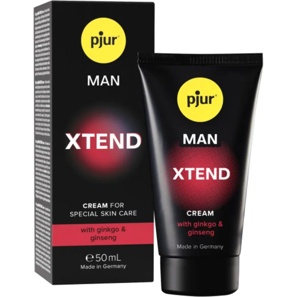 Emballage et tube de crème pjur MAN XTEND noir avec logo jaune, formule au ginkgo et ginseng, 50 mL, fabrication allemande