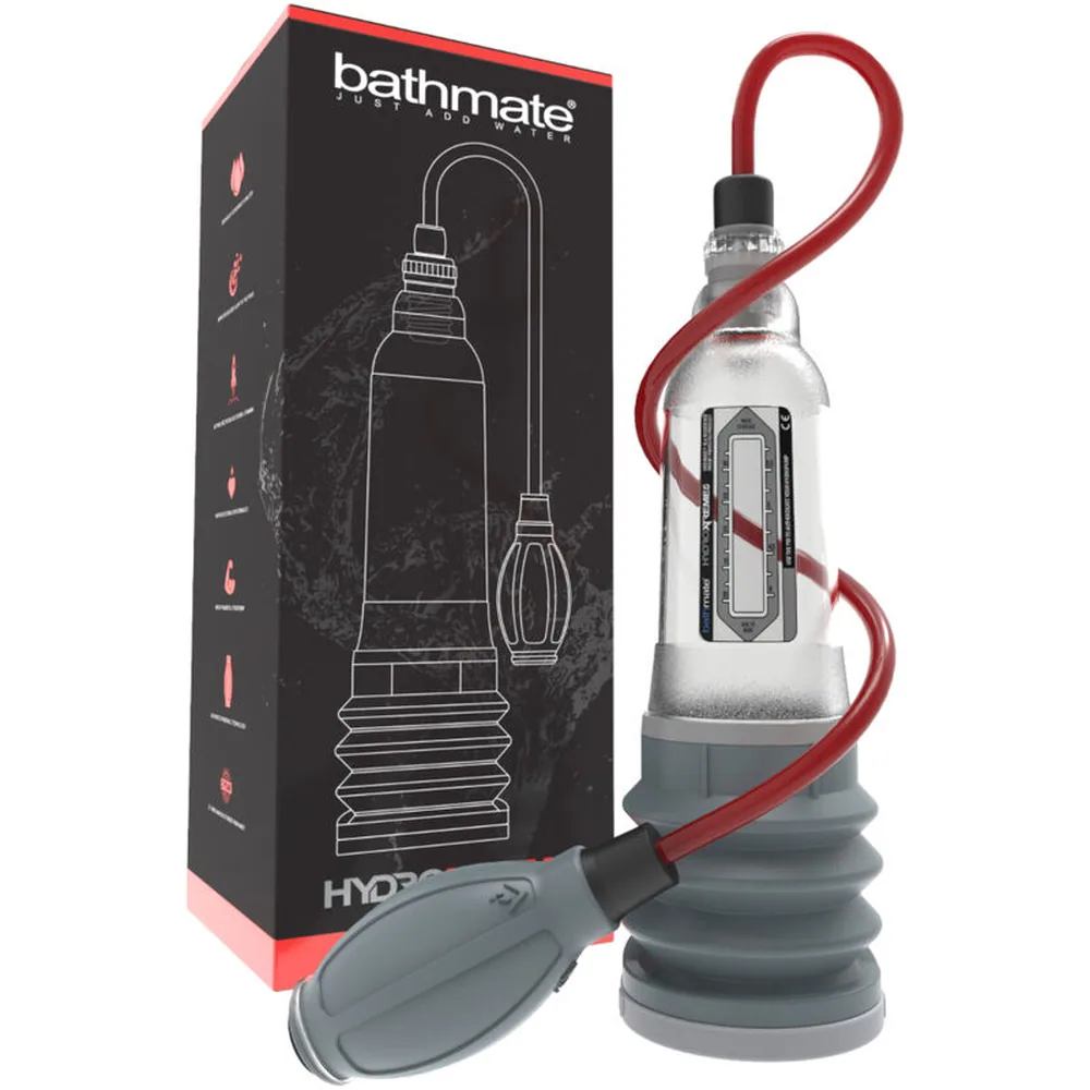 Emballage noir et rouge Bathmate avec pompe à pénis transparente dotée d'une poignée rouge, d'une base grise et d'une poire de commande grise