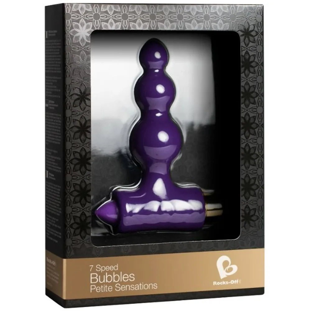 Stimulateur anal en silicone violet avec perles graduées, base large en silicone, moteur logé dans le manche doré en bas à droite