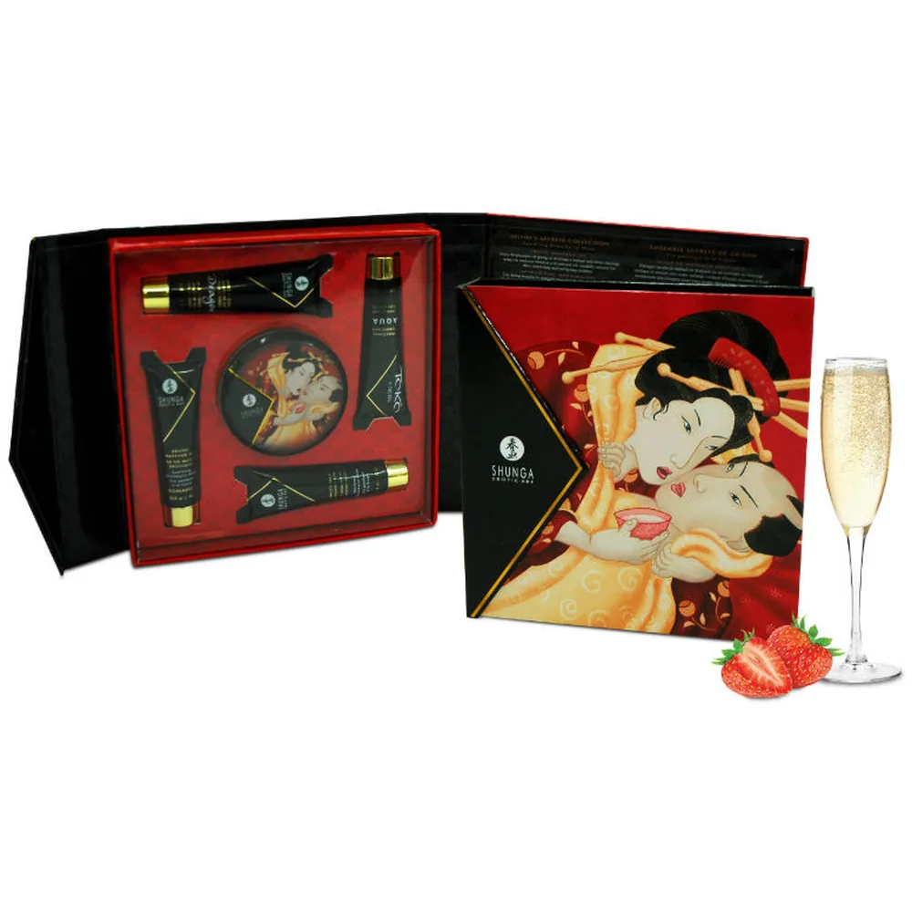 Coffret Shunga avec boîte rouge à motifs géishas, verre de champagne, fraise, tube de gel, bougie de massage et quatre petits flacons aux dorures