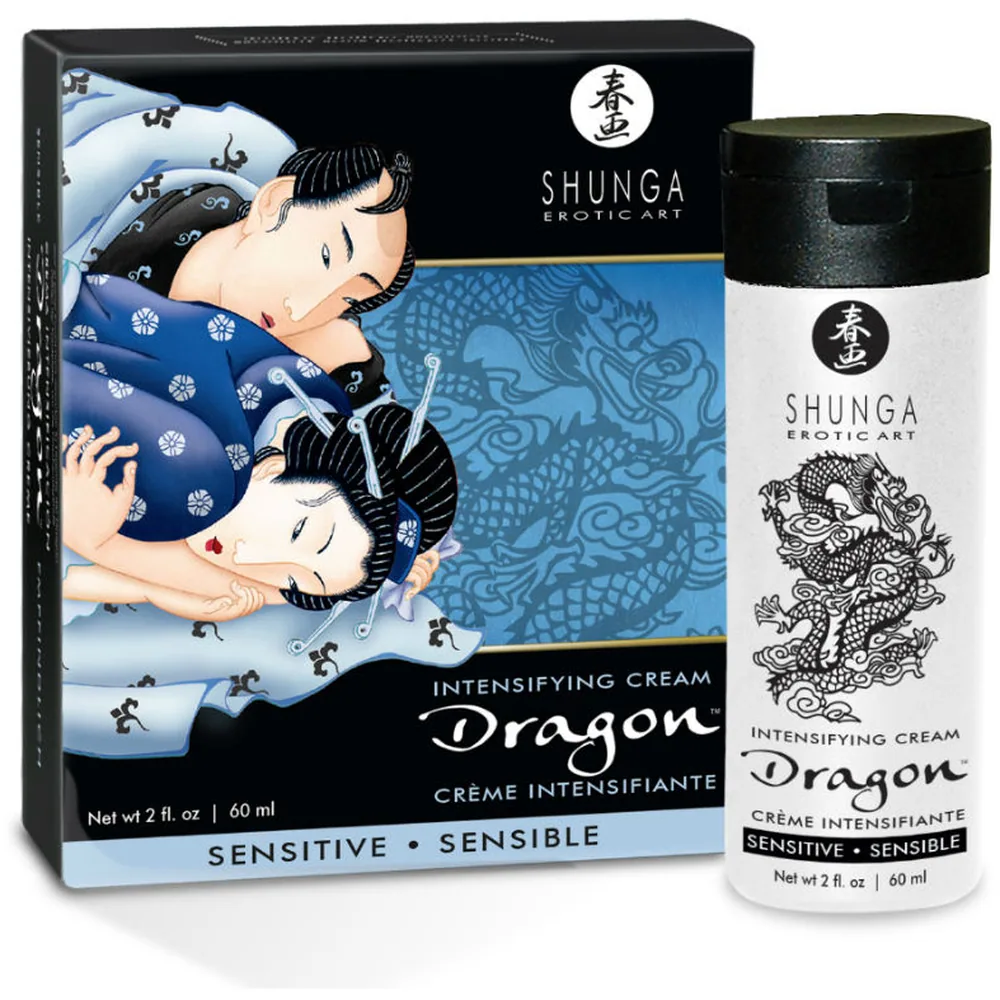 Emballage et flacon de crème Dragon Shunga : boîte noire avec illustration ukiyo-e en bleu et or, flacon blanc avec bouchon noir de 60 ml. Crème pour application intime, formule sensible