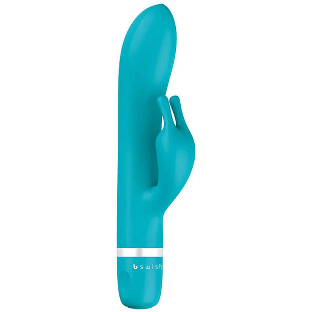 Vibromasseur Bwild Classic Bunny turquoise avec stimulateur de clitoris en forme de lapin, corps lisse et arrondi, bande blanche au niveau du manchon