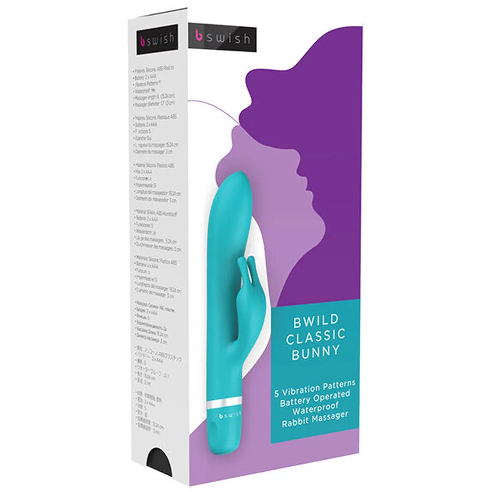 Vibromasseur Bwild Classic Bunny turquoise avec stimulateur de clitoris en forme de lapin, corps lisse et arrondi, bande blanche au niveau du manchon
