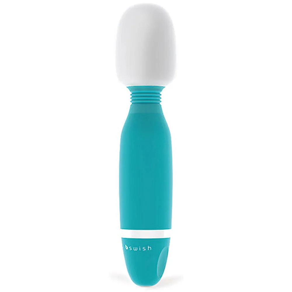 Vibrateur baguette blanc et turquoise avec tête ronde blanche, corps cylindrique turquoise et base turquoise, sur fond blanc
