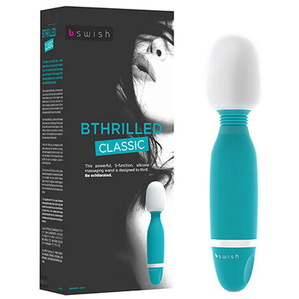 Vibrateur baguette blanc et turquoise avec tête ronde blanche, corps cylindrique turquoise et base turquoise, sur fond blanc