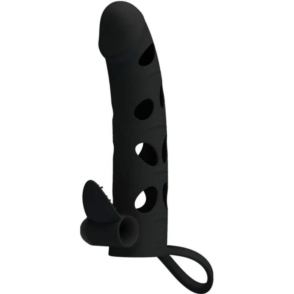 Gaine en silicone noir avec orifices blancs ovales réguliers, anneau testiculaire intégré et prolongement textile